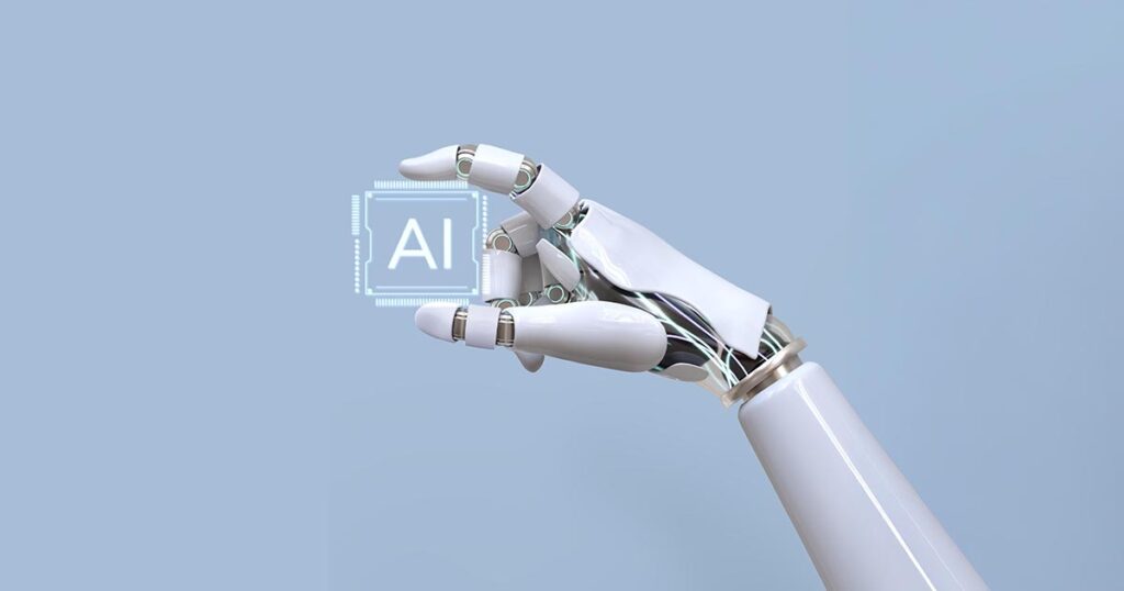 braccio robotico con scritta ai in primo piano